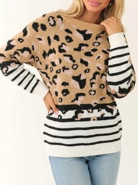 Wanna Be | Leopard & Striped Mixed Print Sweater Large